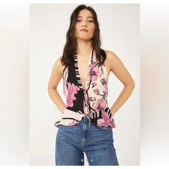 Free People Hot Tropics Open Front Sleeveless Top Size Medium Women Pink New - Picture 6 of 9